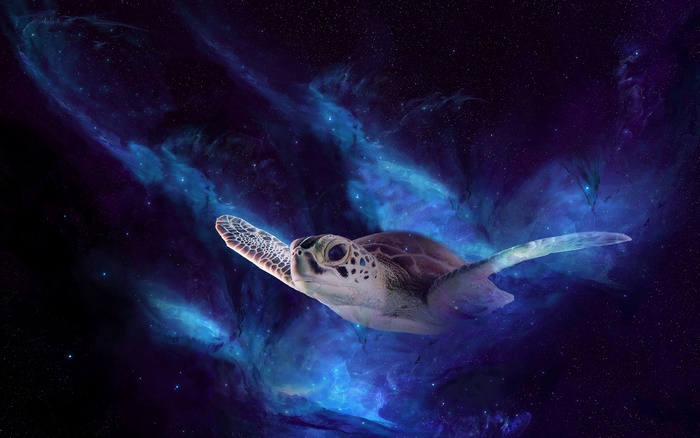 Sea Turtle Swimming Through Nebula