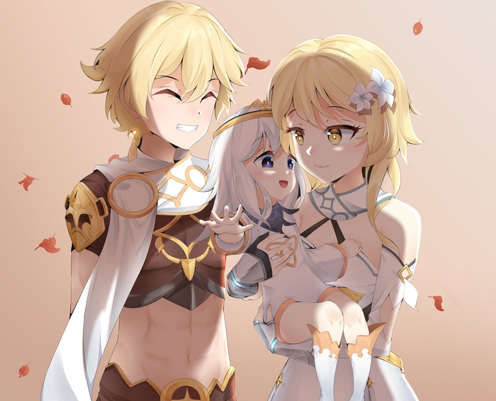 Aether, Lumine, and Paimon from Genshin Impact