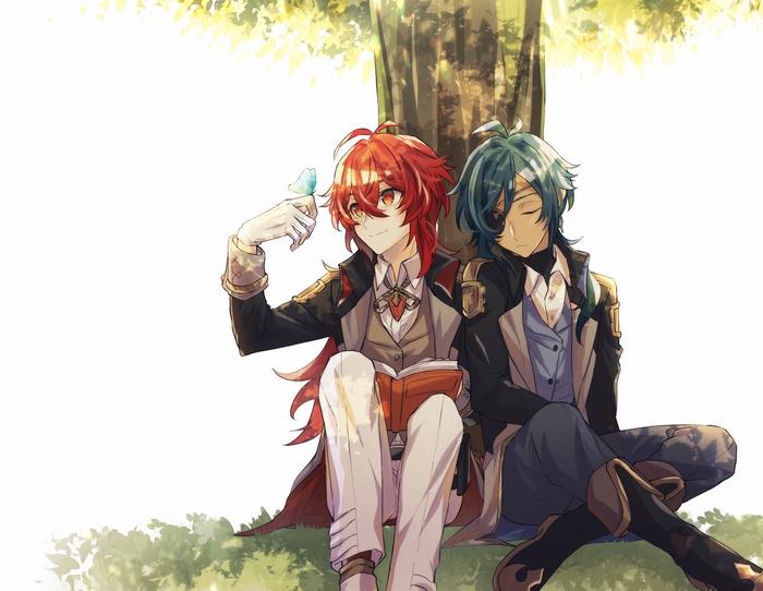 Diluc and Kaeya from Genshin Impact sitting under a tree