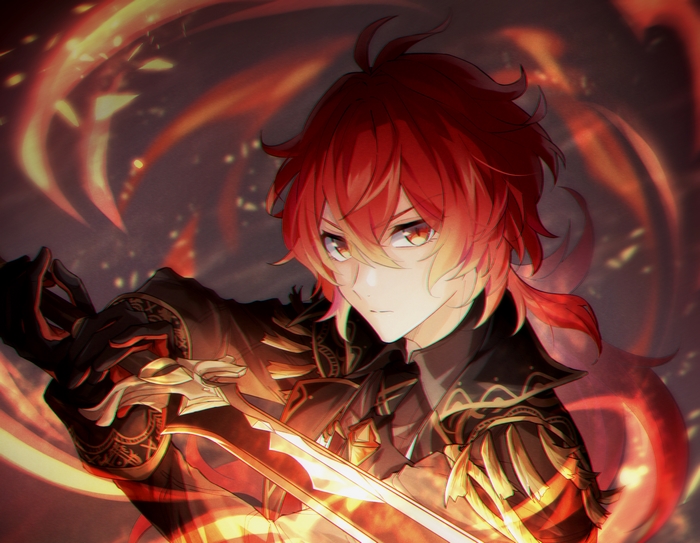Diluc from Genshin Impact with a fiery sword