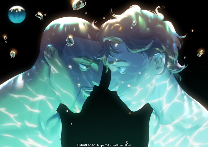 Two men underwater with light reflections