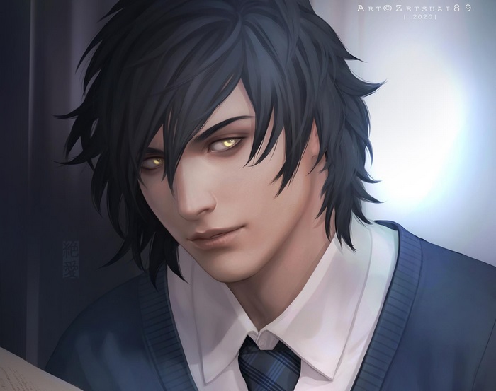 Anime boy with dark hair and yellow eyes