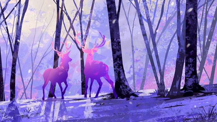 Fantasy deer in a purple winter forest