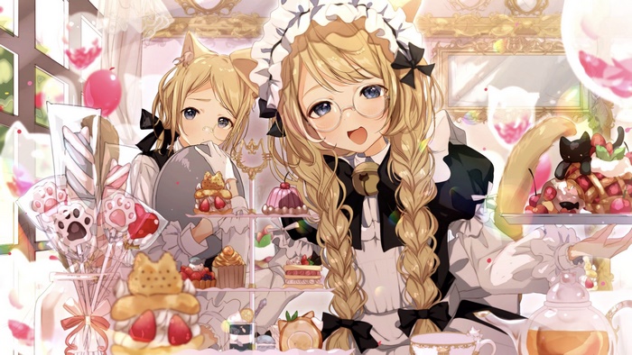 Two cat-eared maids with sweets and cakes