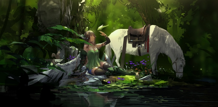 Girl with a white horse in a forest