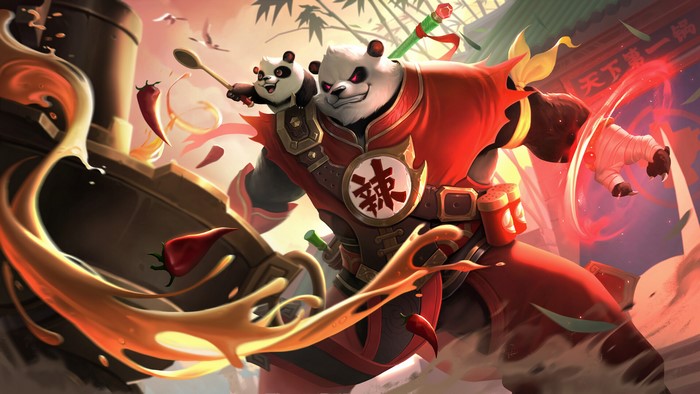 Panda warrior with baby panda and chili peppers
