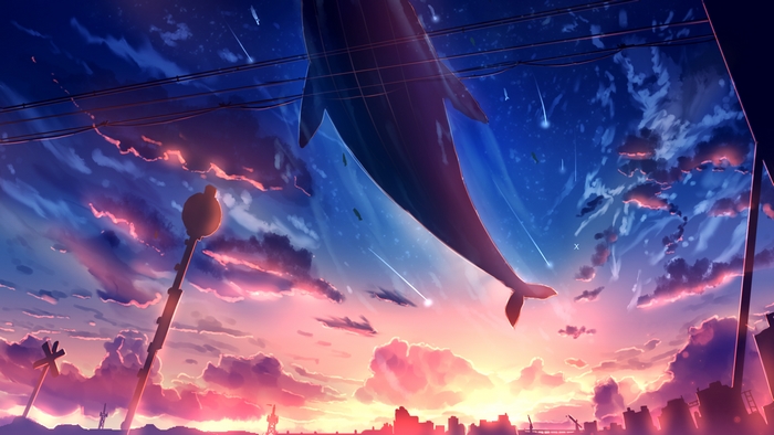 Whale flying in the sky during sunset with city