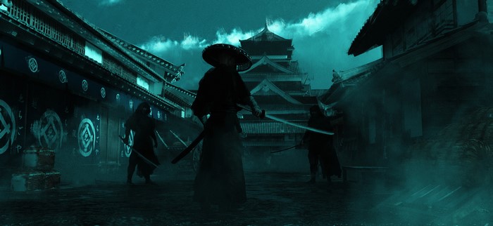 Rōnin warriors in a Japanese village at night