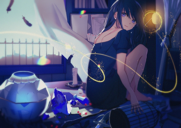 Anime girl with blue hair and eyes, sitting near broken vase
