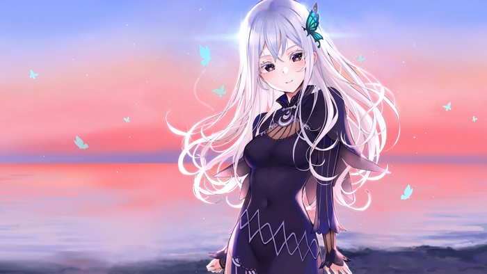 Echidna from Re:ZERO with butterflies at sunset 4K