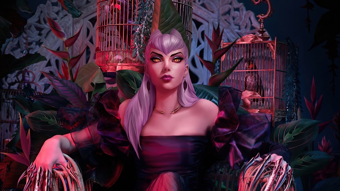 Evelynn from K/DA in a dark, tropical setting