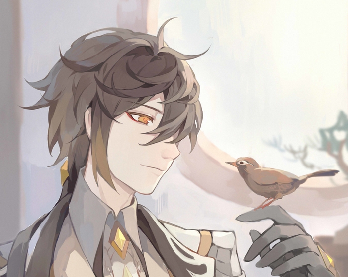 Zhongli from Genshin Impact with a bird
