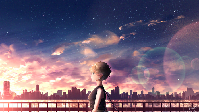 Girl with Short Hair under Starry Sky over City