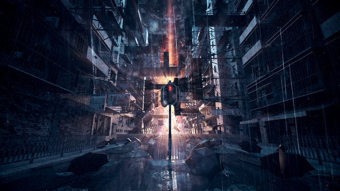Post-apocalyptic city street with traffic light
