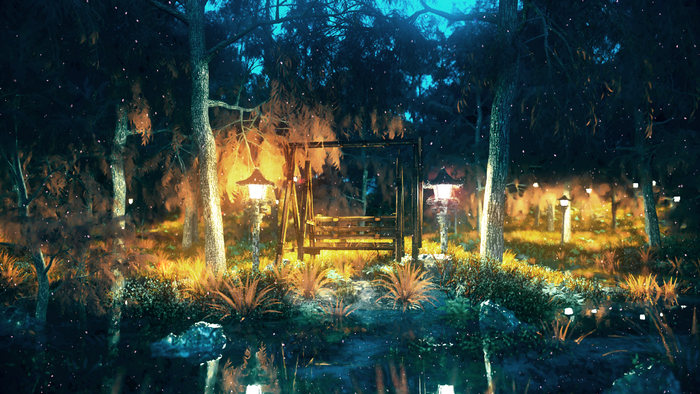 Enchanted forest swing at night with lanterns