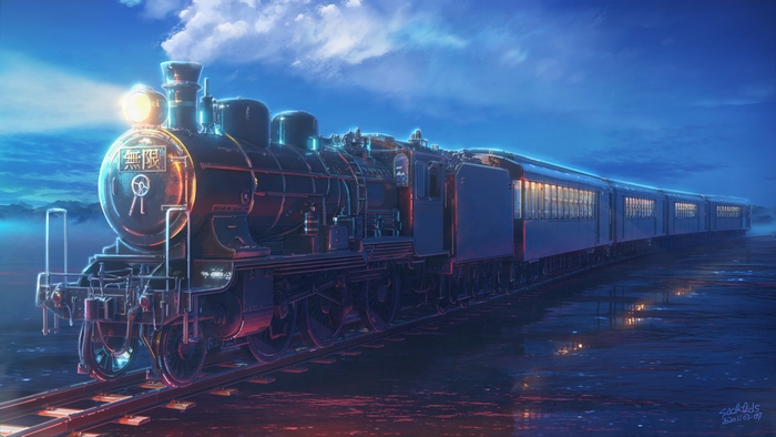 Anime train at night with glowing windows