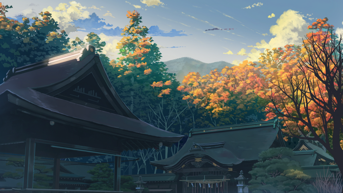 Japanese Shrine in Autumn Forest