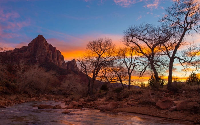 Zion National Park sunset with mountain and river