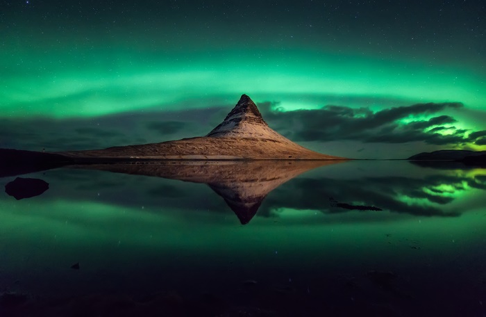 Aurora Borealis over Kirkjufell Mountain in Iceland