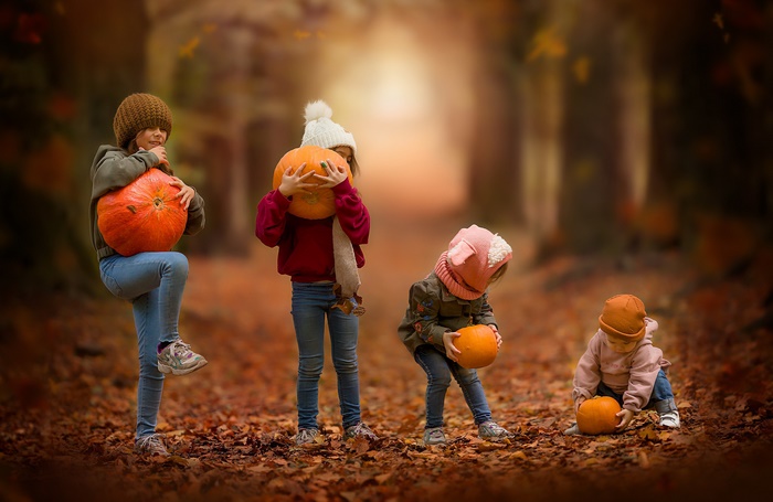 Children with pumpkins in autumn forest