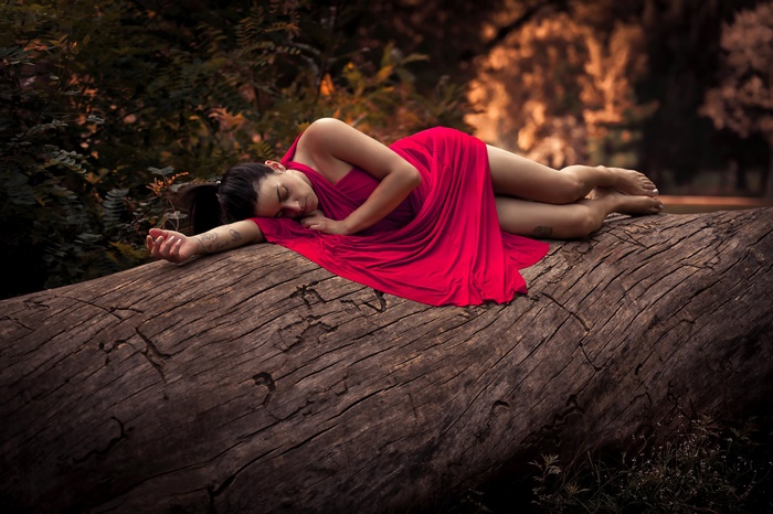 Woman in red dress sleeping on a log