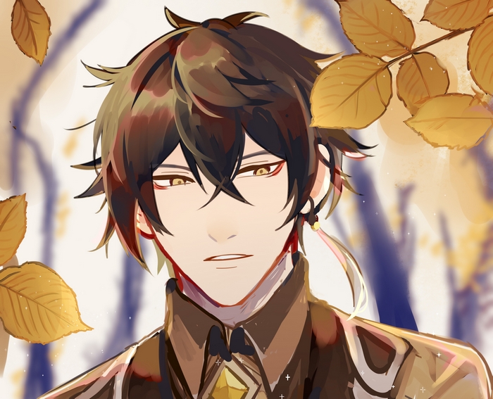Zhongli from Genshin Impact with autumn leaves