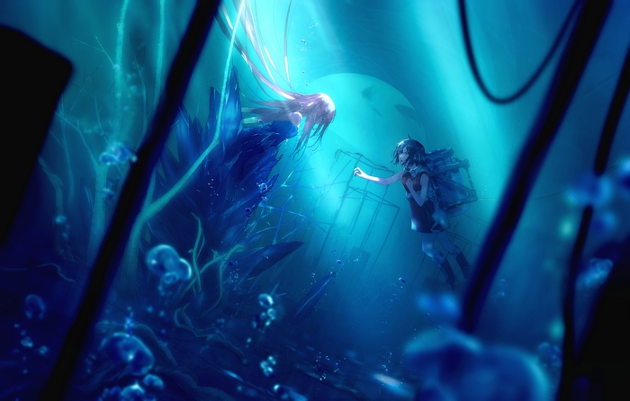 Two anime girls underwater with blue crystals