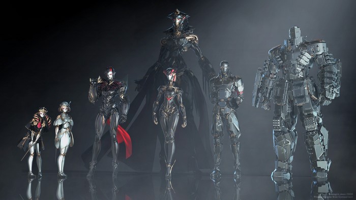 Group of futuristic robots and androids