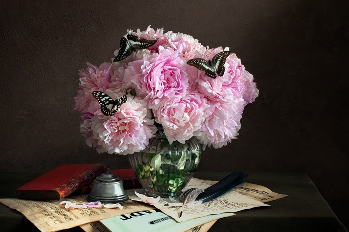 Still life with pink peonies and butterflies