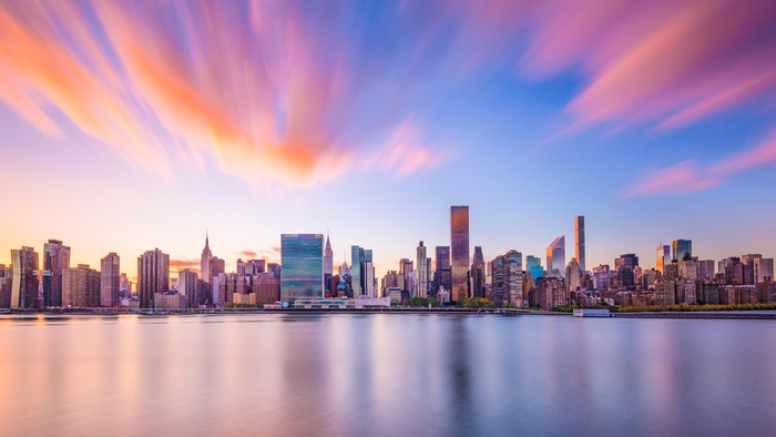 New York City Skyline at Sunset with Clouds