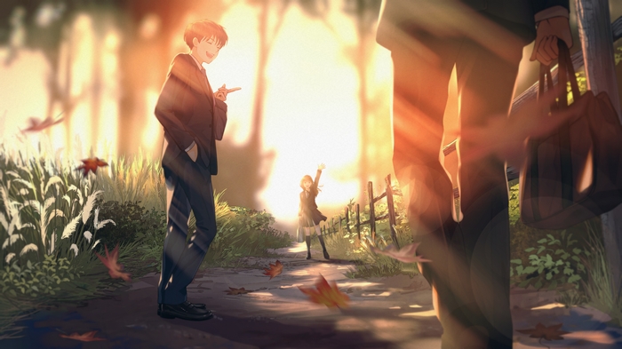 Anime characters in a sunlit autumn park
