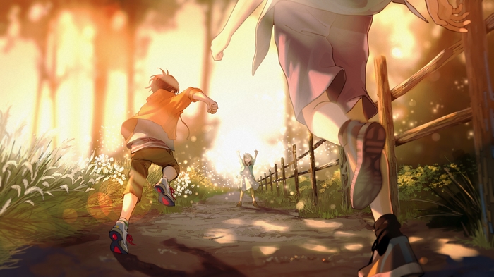 Children running on a path during sunset