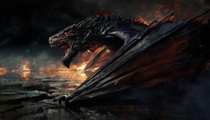 A fearsome dragon amidst flames and smoke