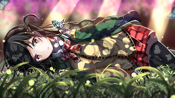 Chizuru Ichinose from Kanojo Okarishimasu lying in grass with butterflies