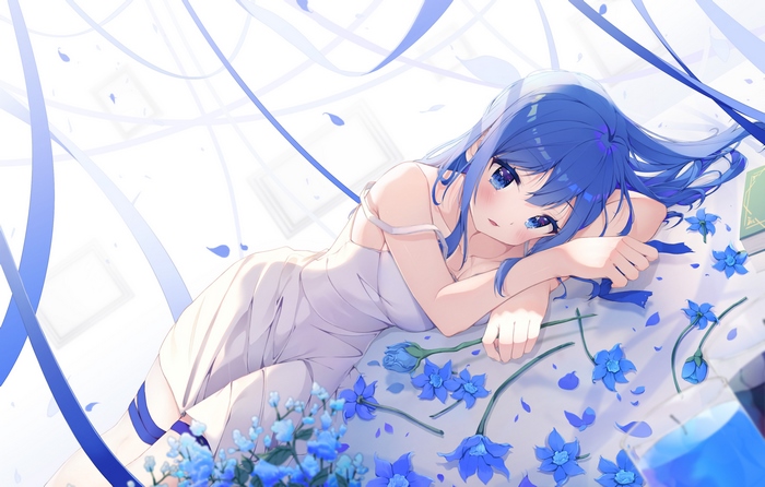 Girl with Blue Hair and Blue Eyes Lying Down