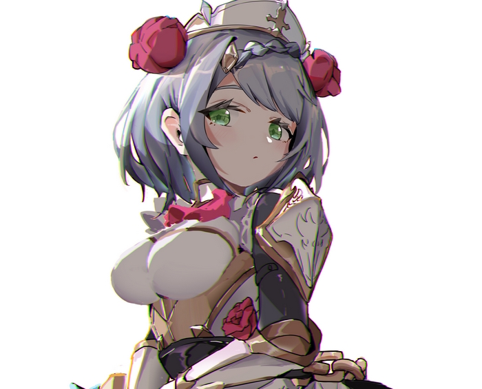 Noelle from Genshin Impact with green eyes and grey hair