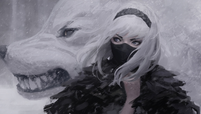 Fantasy woman with wolf in winter 4K