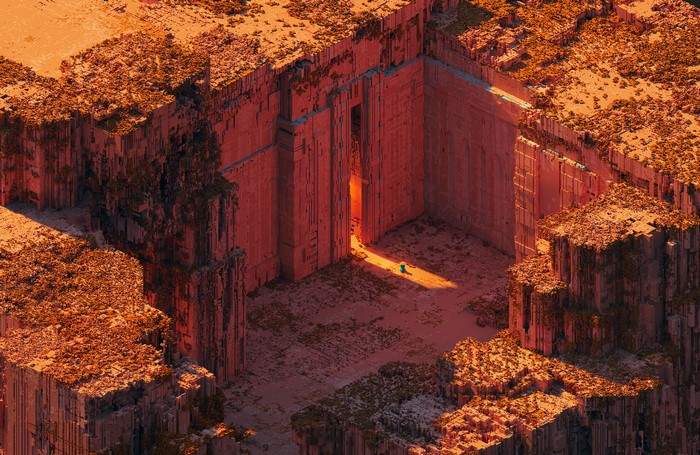 A lone figure enters a colossal ancient structure