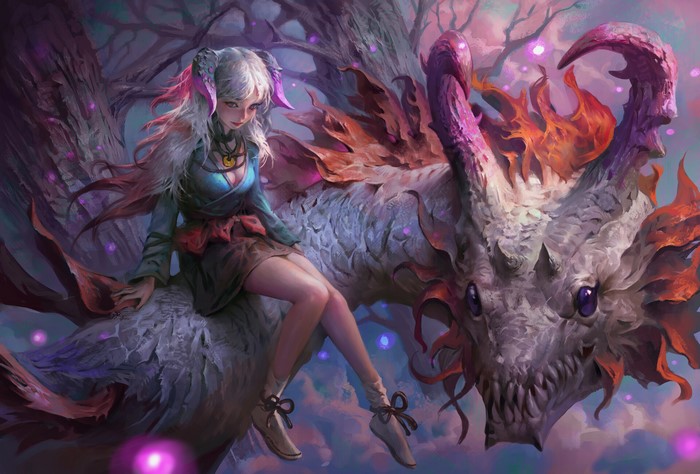 Woman with horns riding a dragon