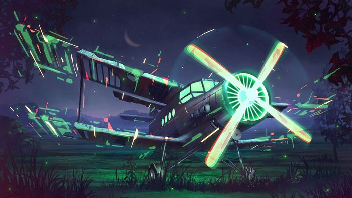 Airplane with glowing green accents at night