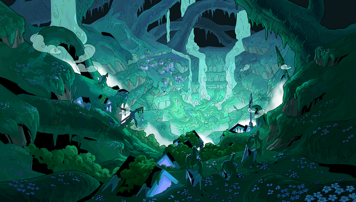 Hades cave with glowing flora and structures