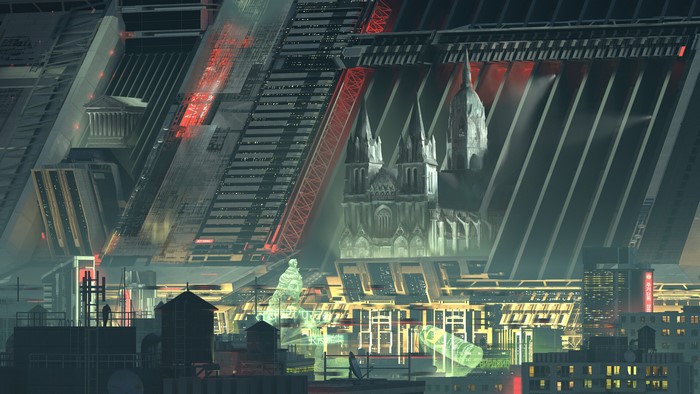 Futuristic Cityscape with Gothic Architecture