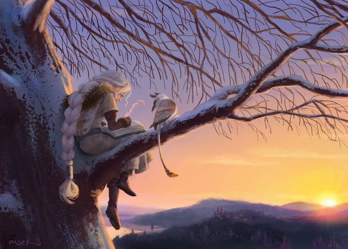 Girl writing in a book with a bird on a snowy tree branch at sunset