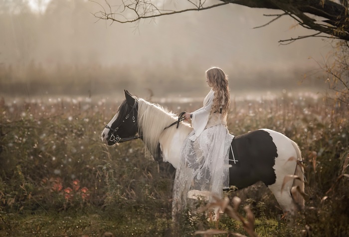 Woman in white dress riding a horse in a field