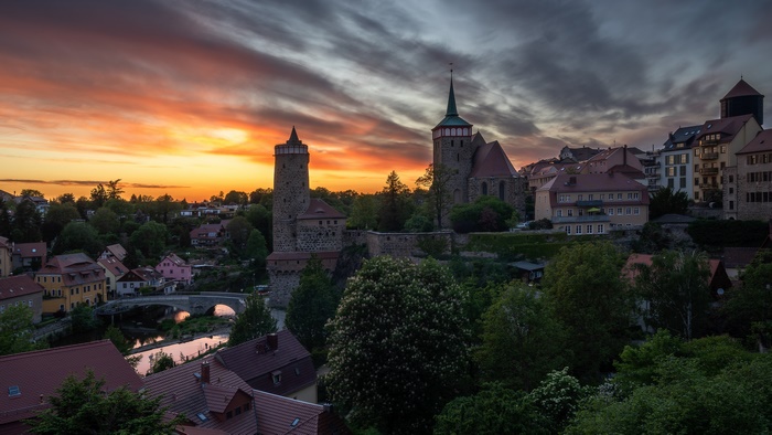 Town with Towers and River at Sunset, Germany 4K