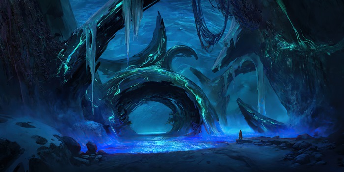 Fantasy Cave with Glowing Blue and Green Energy