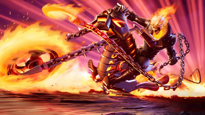 Ghost Rider on a flaming motorcycle with a chain