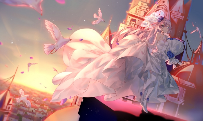 Bronya Zaychik from Honkai Impact 3rd in a wedding dress with birds
