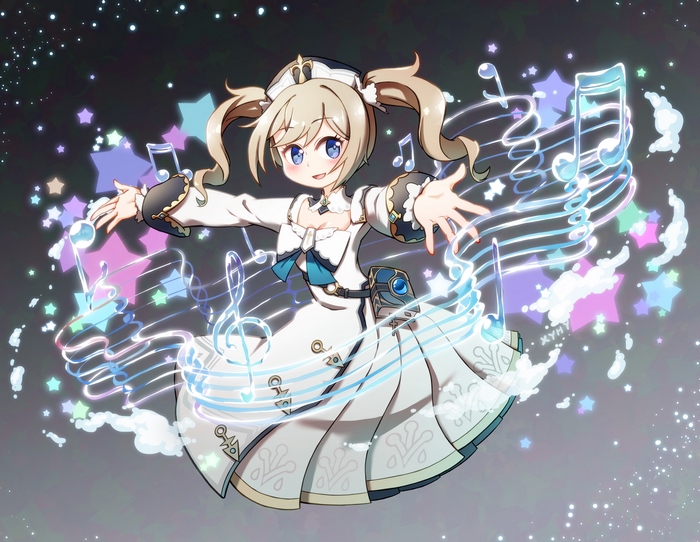 Barbara from Genshin Impact singing with musical notes