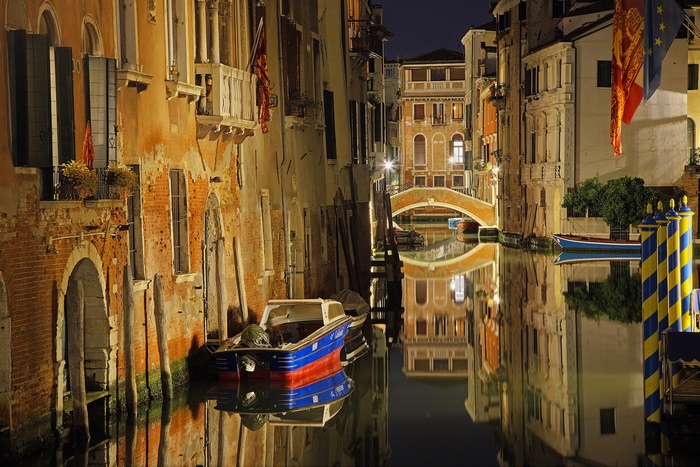 Venice Canal at Night with Bridge and Boats